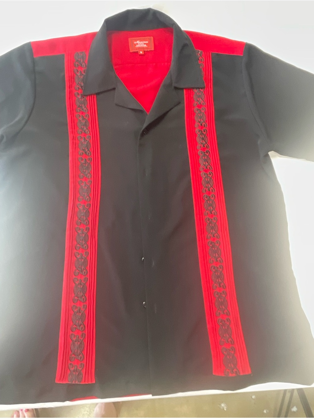 Maximos Cubavera Shirt with Red Embroidered Vertical Panels
